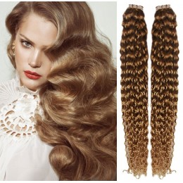 20 inch (50cm) Tape Hair / Tape IN human REMY hair curly - medium brown